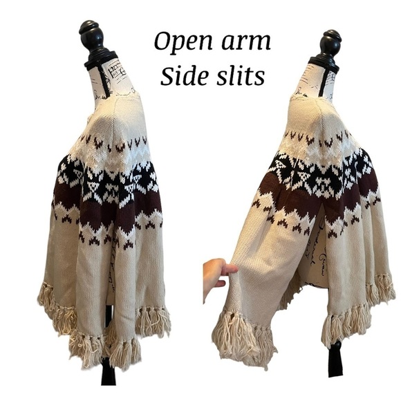 MODA INTERNATIONAL VS Sweater Shawl Brown XS Small Nordic Fair Isle Wool Fringe - Picture 4 of 13